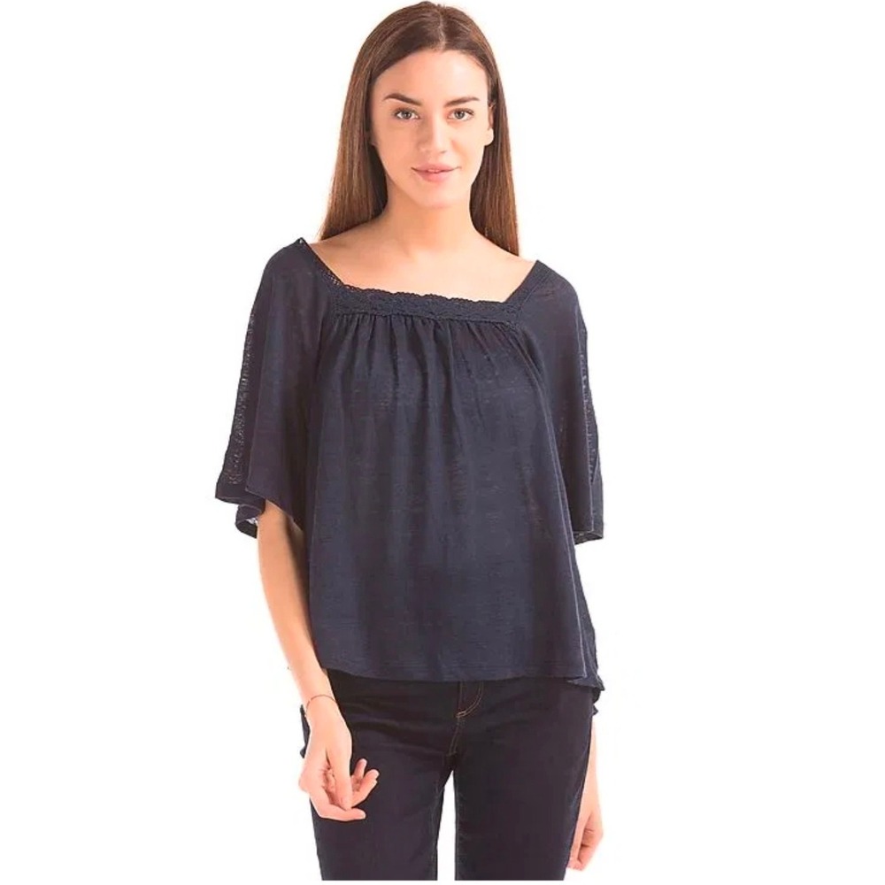 New GAP sz L 100% Linen Lace Square‎ Neck Flutter Sleeve Top True Indigo Blue